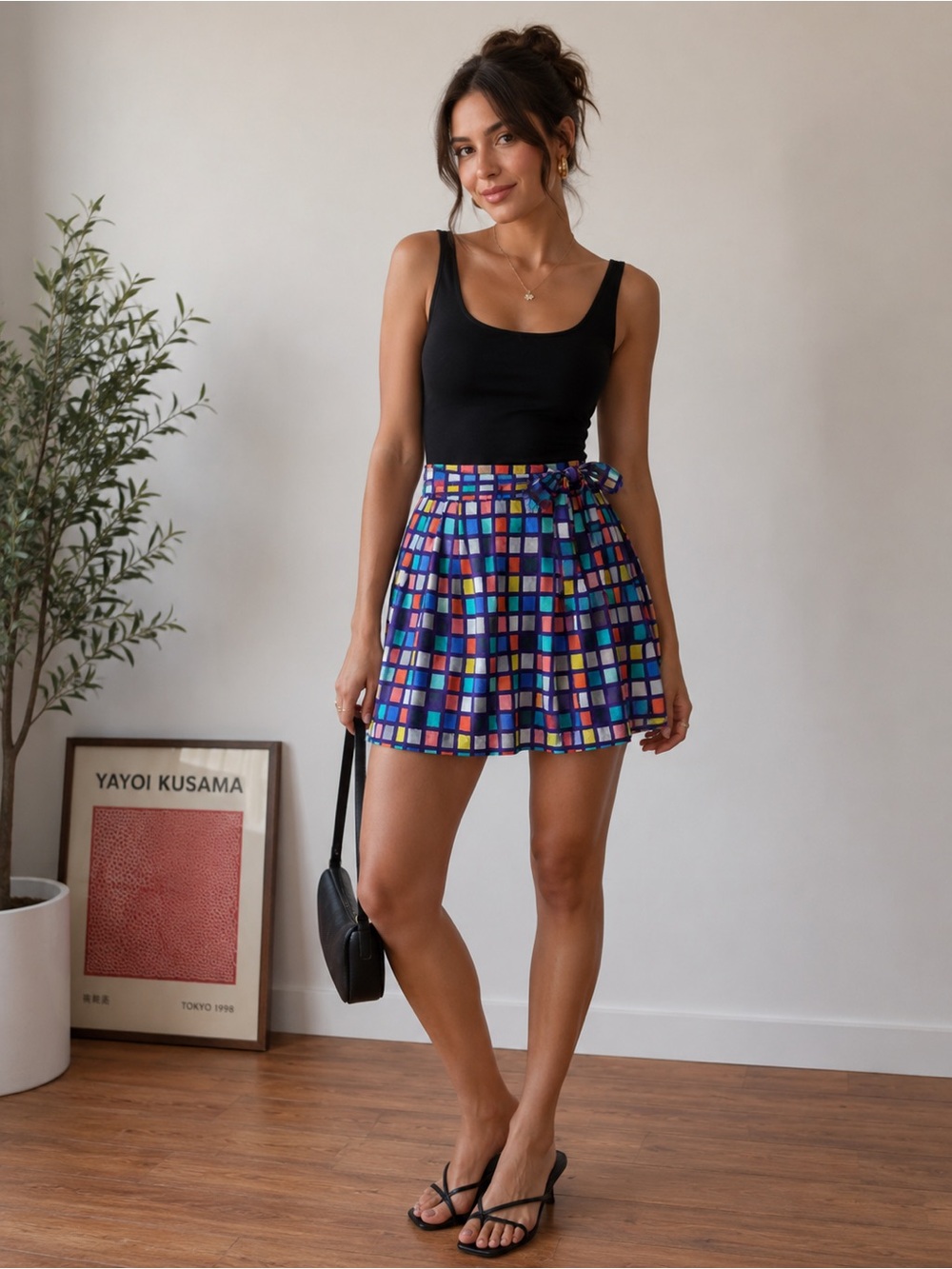 Silk Geometric Mini Skirt M Tie-Waist Side Zipper Lined Y2K Art To Wear Retro
